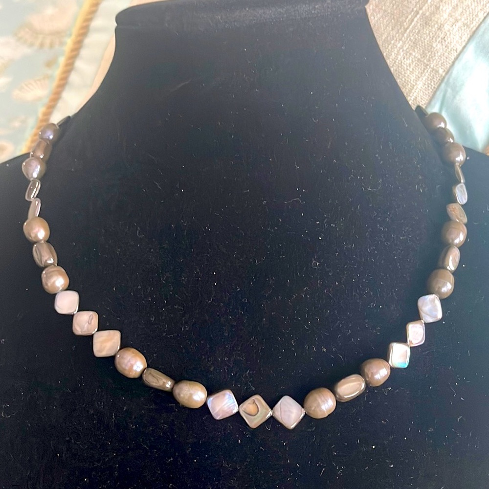 Beautiful handmade grey pearl with abalone diamond shaped and ovals brass toggle